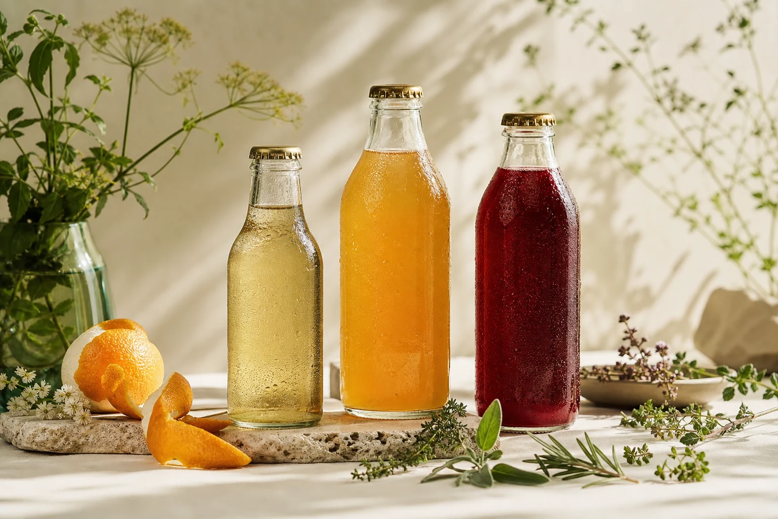 Bouteilles de boissons soft artisanales avec herbes et agrumes.